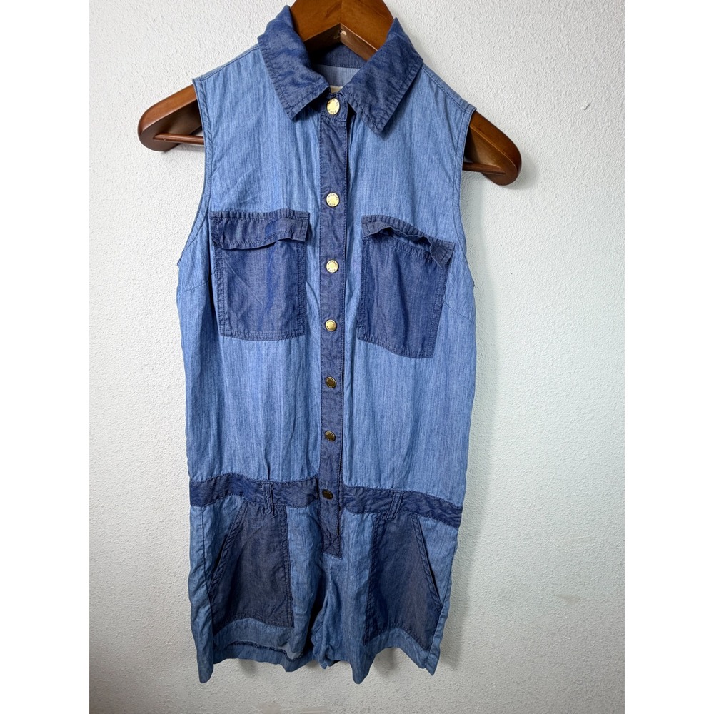 Michael Kors Womens Romper Blue Small Sleeveless Two Tone Denim Utility Office